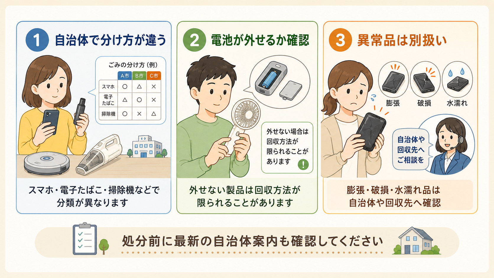 自治体ごとの分別、電池を外せない製品、膨張・破損・水濡れ品への対応を人物イラストで説明した図